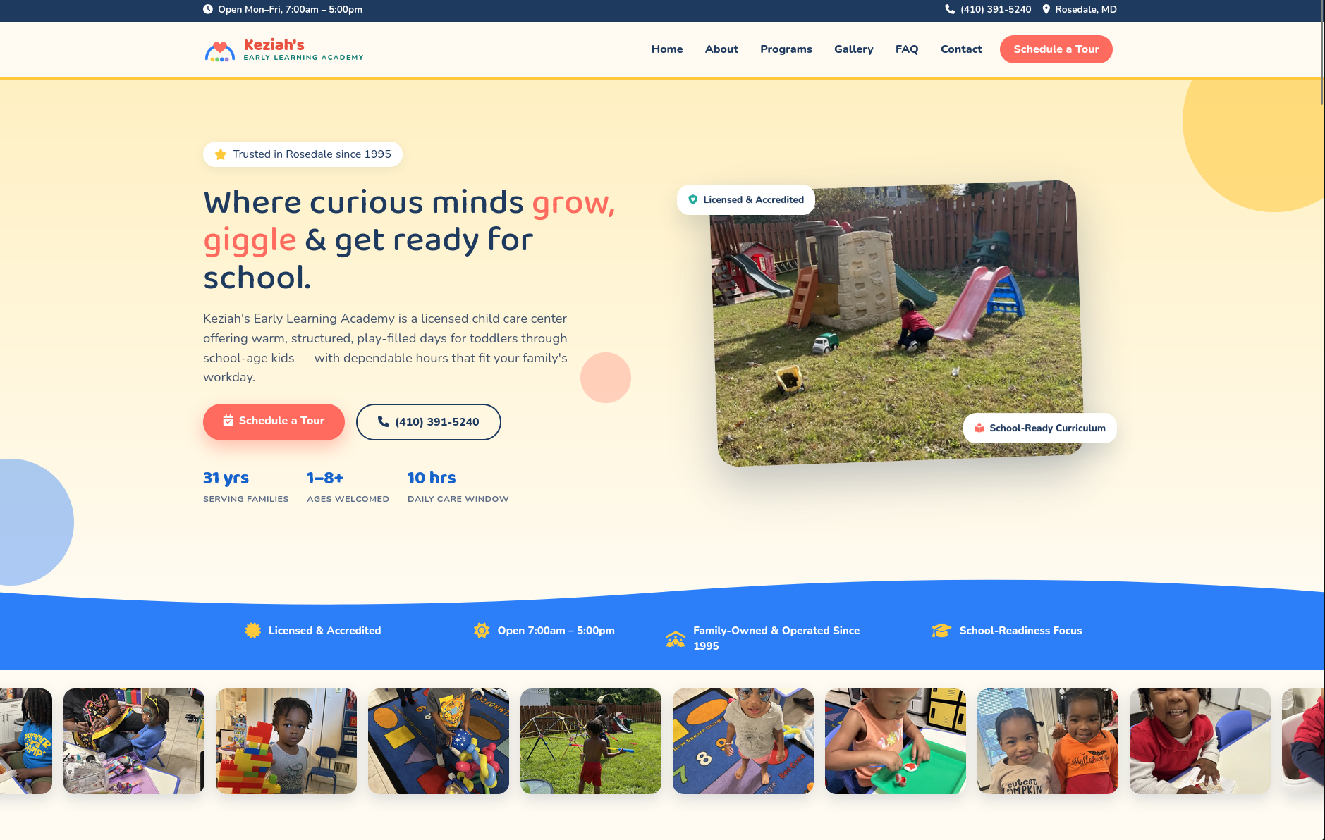 Keziah's Early Learning Academy website, custom web design by Nine By Six