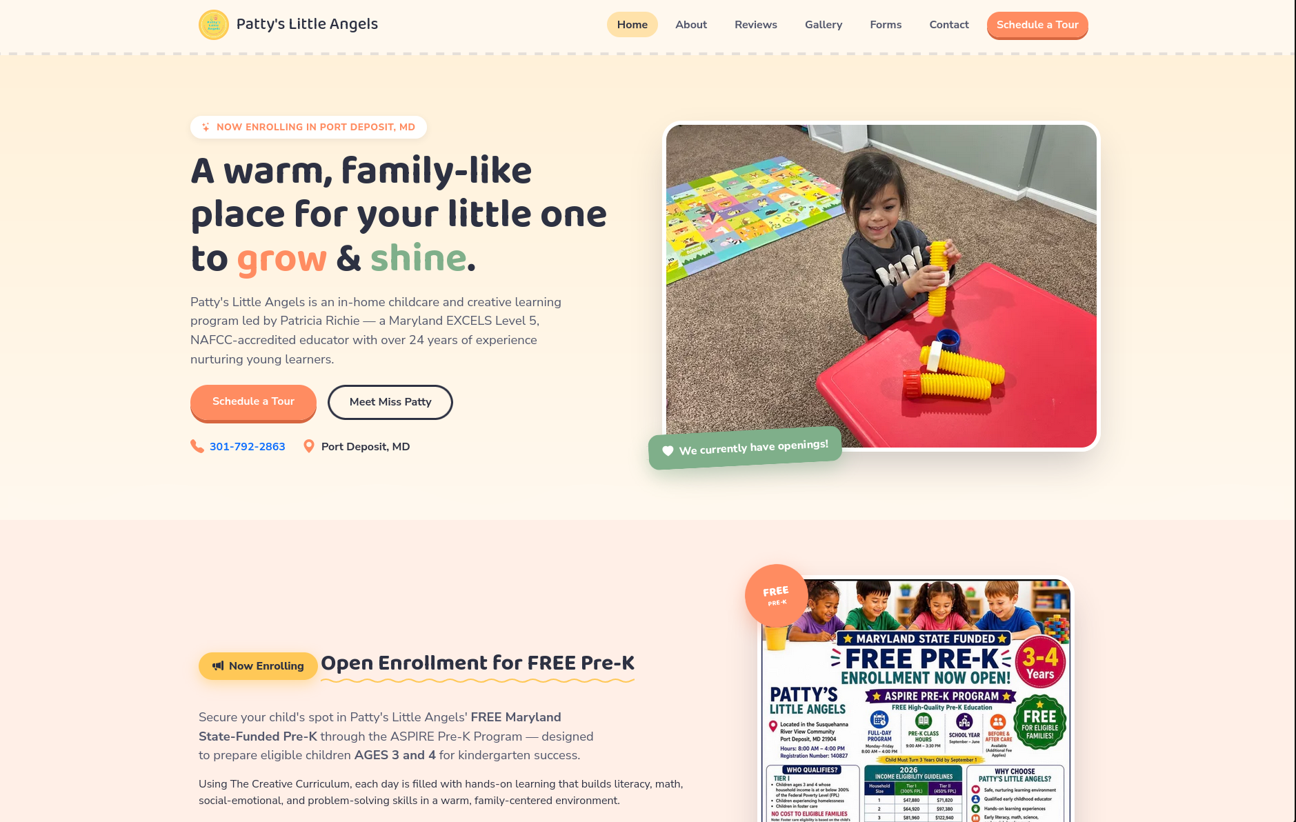Patty's Little Angels website, custom web design by Nine By Six
