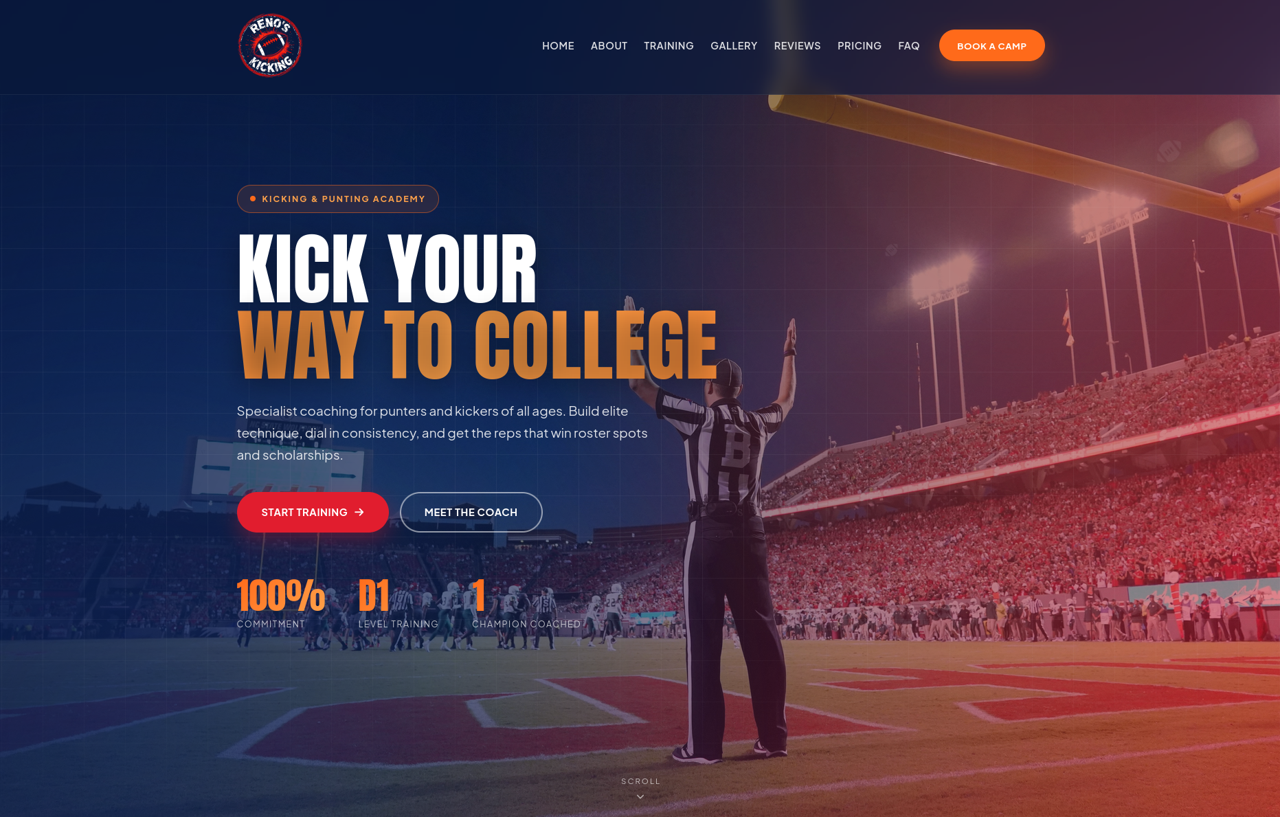 Reno's Kicking website, custom web design by Nine By Six